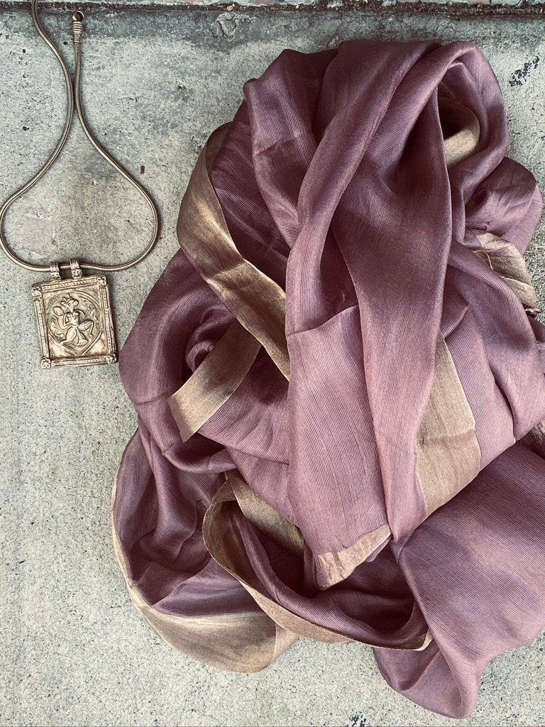 Mauve whisper pure soft silk with metallic border and fringe tied ends Andrea Serrahn Serrahna