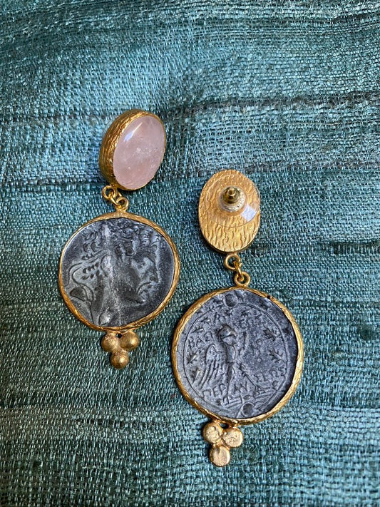 Coin earrings gemstone post bronze brass Andrea Serrahn Serrahna