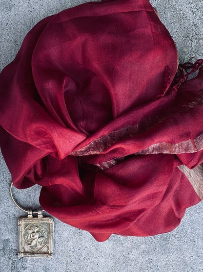 Ruby red whisper pure soft silk with metallic border and fringe tied ends Andrea Serrahn Serrahna