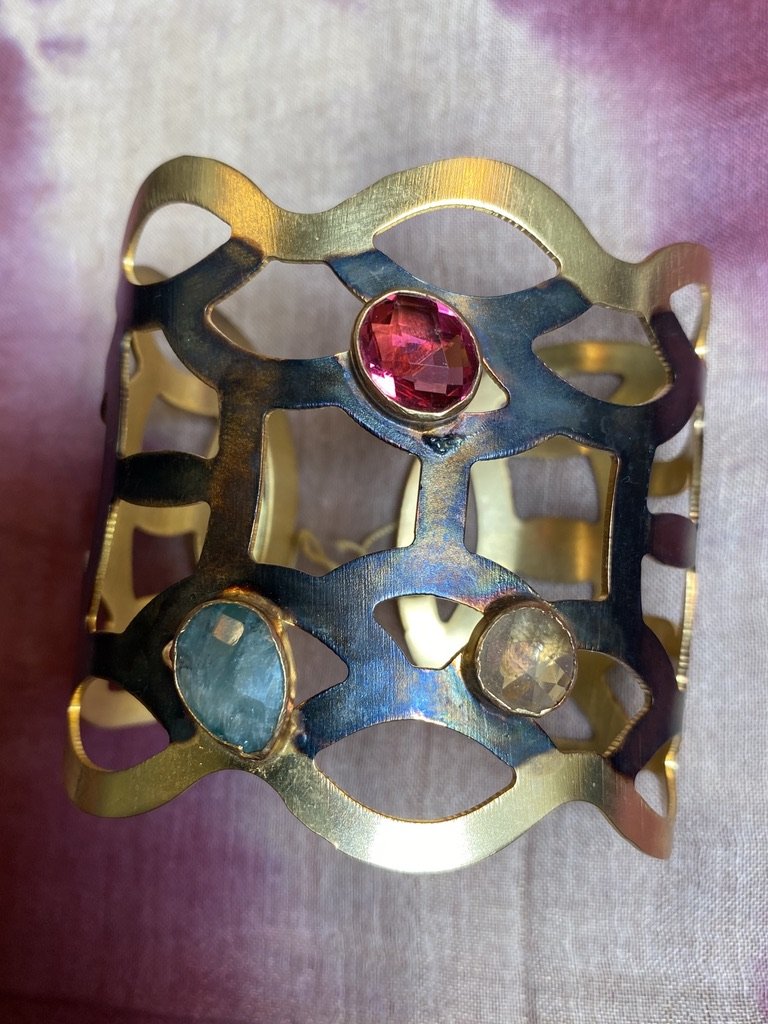 Rainbow tourmaline laser cut brass rhodium plated cuff Andrea Serrahn Serrahna
