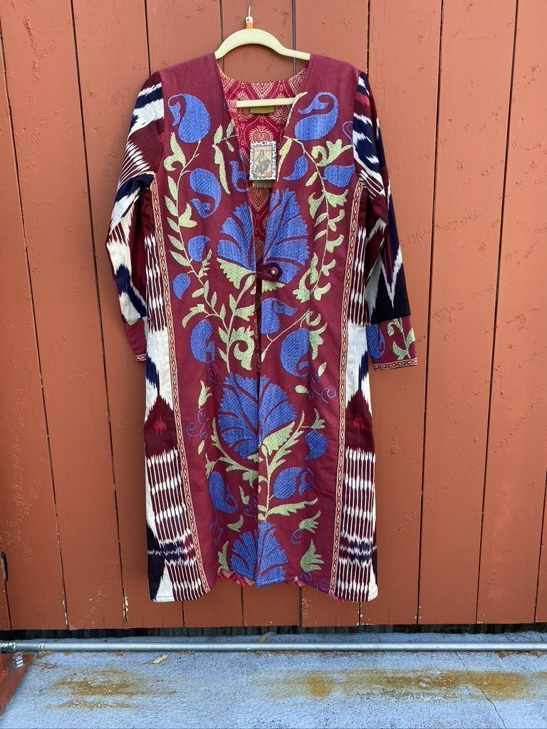 Upcycled Suzani ikat coat long full-length sleeves robe tie Andrea Serrahn Serrahna