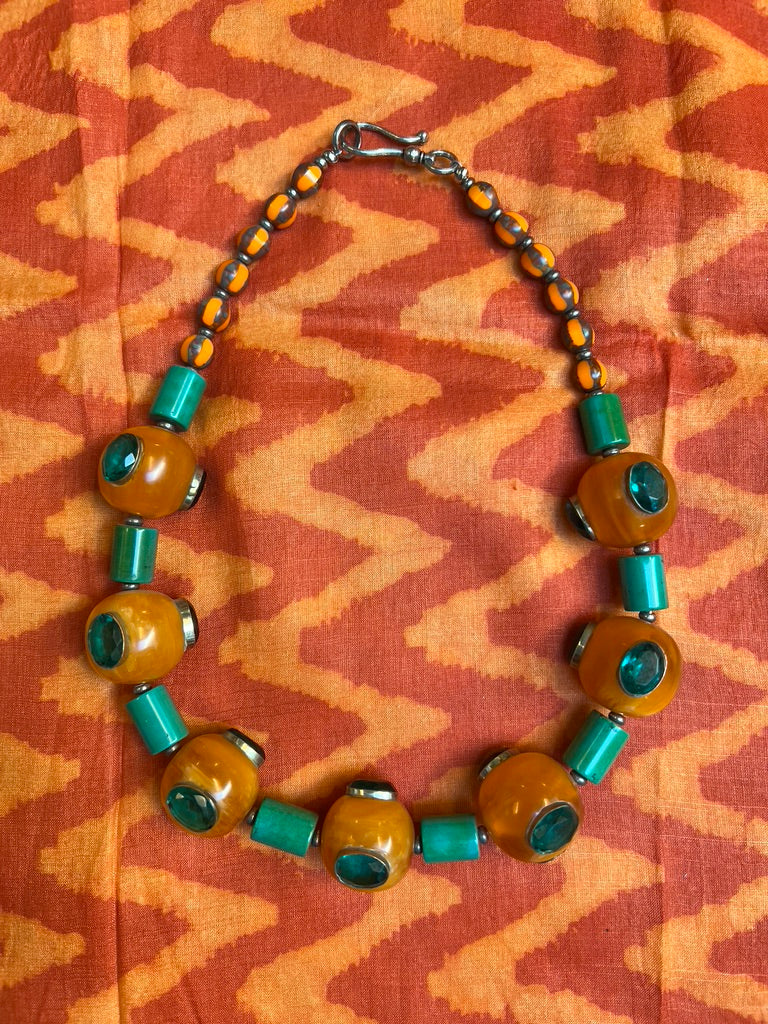 Emerald crystal amber resin orbs turquoise cylinder czech glass bead necklace Andrea Serrahn Serrahna