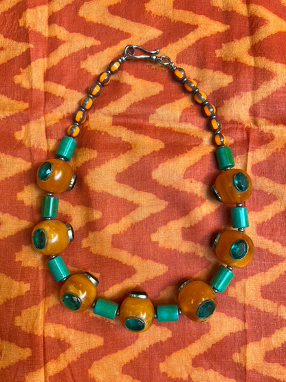 Emerald crystal amber resin orbs turquoise cylinder czech glass bead necklace Andrea Serrahn Serrahna