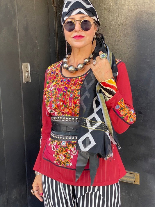 tribal chic kutchi embroidery jat embroidered tunic stretch mesh Andrea Serrahn Serrahna