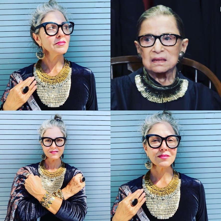 RBG intricate brass gunmetal grey gold fish scale bib yoke necklace Andrea Serrahn Serrahna