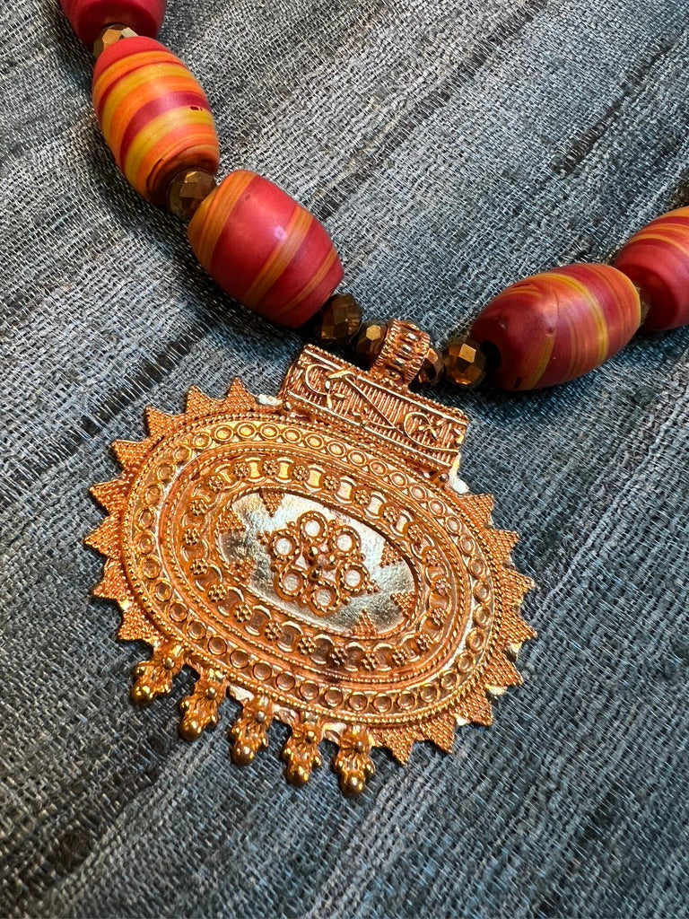 Nepalese Sunset Ceramic Bead orange stripe beads gold plated brass embossed pendant Andrea Serrahn Serrahna
