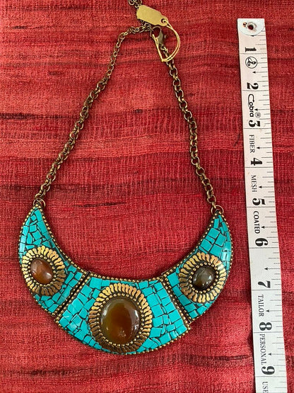 Turquoise brass carnelian agate chandelier necklace earrings Andrea Serrahn Serrahna