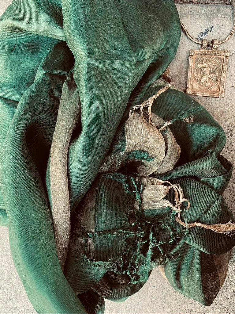 Forest Green whisper pure soft silk with metallic border and fringe tied ends Andrea Serrahn Serrahna