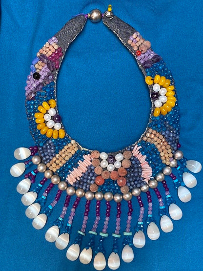 Collar necklace bead embroidery mosaic coral pearls spring textural Andrea Serrahn Serrahna