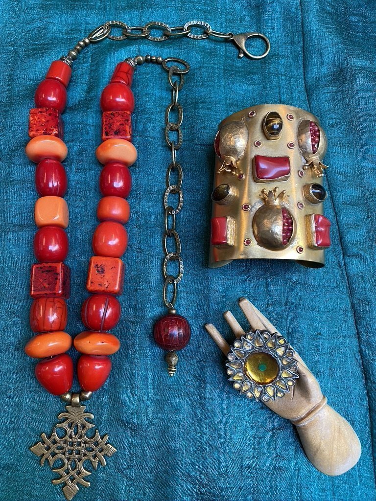 Brass cuff pomegranates tiger eye carnelian Andrea Serrahn Serrahn