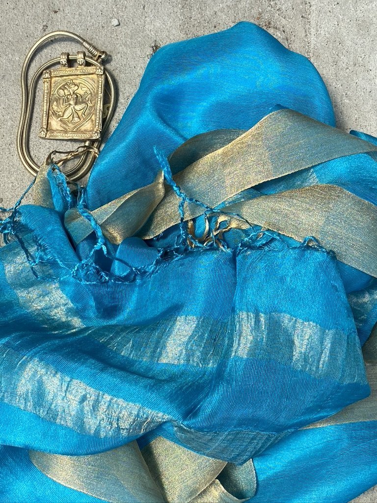 Turquoise old gold whisper pure soft silk with metallic border and fringe tied ends Andrea Serrahn Serrahna