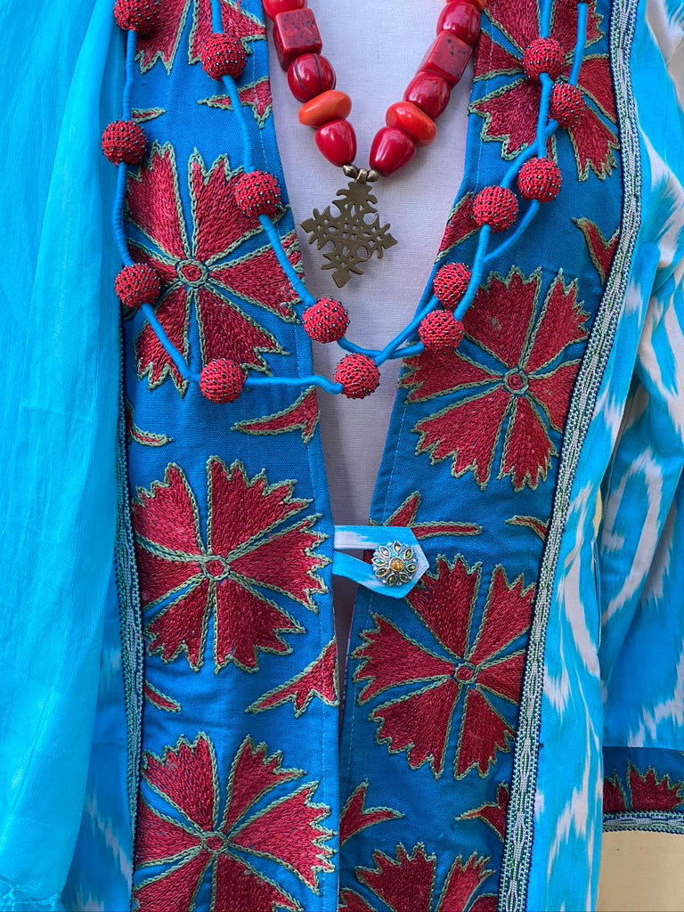 Upcycled Suzani ikat coat long full-length sleeves robe tie Andrea Serrahn Serrahna