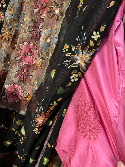 Silk pink kurti beaded tulle shawl hand painted Andrea Serrahn Serrahna