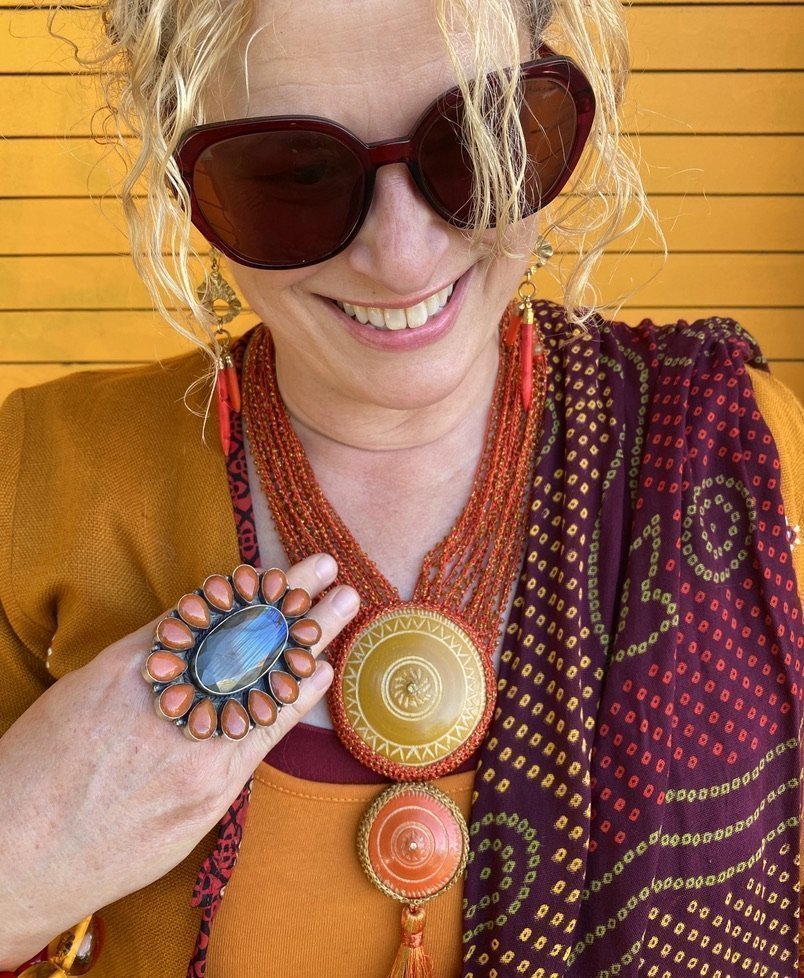 Hand crocheted tribal wooden button tassle neckpiece Andrea Serrahn Serrahna