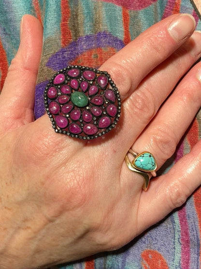 Mandala Oval Ruby and Emerald Ring