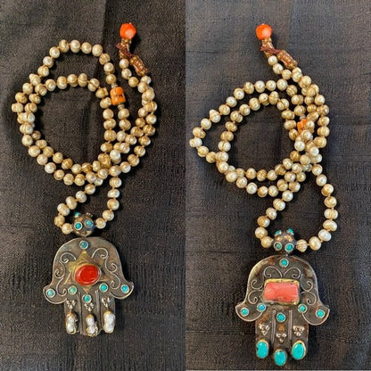 Carnelian Pearl and Coral and Turquoise Hamsa necklace SERRAHNA