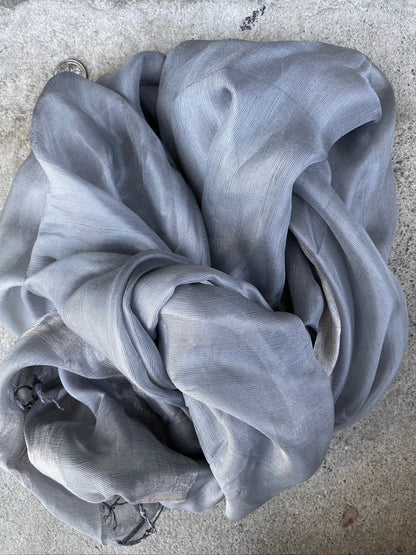 Dolphin grey whisper pure soft silk with metallic border and fringe tied ends Andrea Serrahn Serrahna