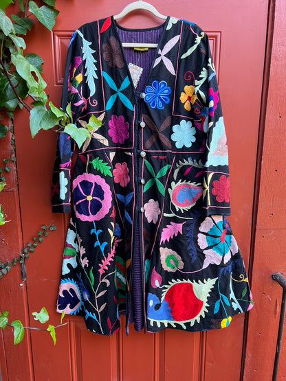 Fleur en noir coat pockets suzani textile a-line coat Andrea Serrahn Serrahna