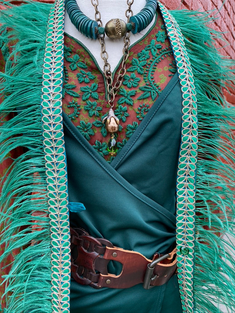Marabou feather boa kiwi green silk trim crocheted tassels Andrea Serrahn Serrahna