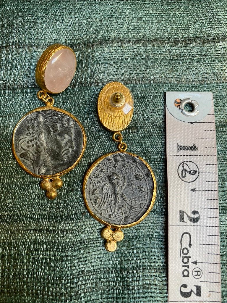 Coin earrings gemstone post bronze brass Andrea Serrahn Serrahna
