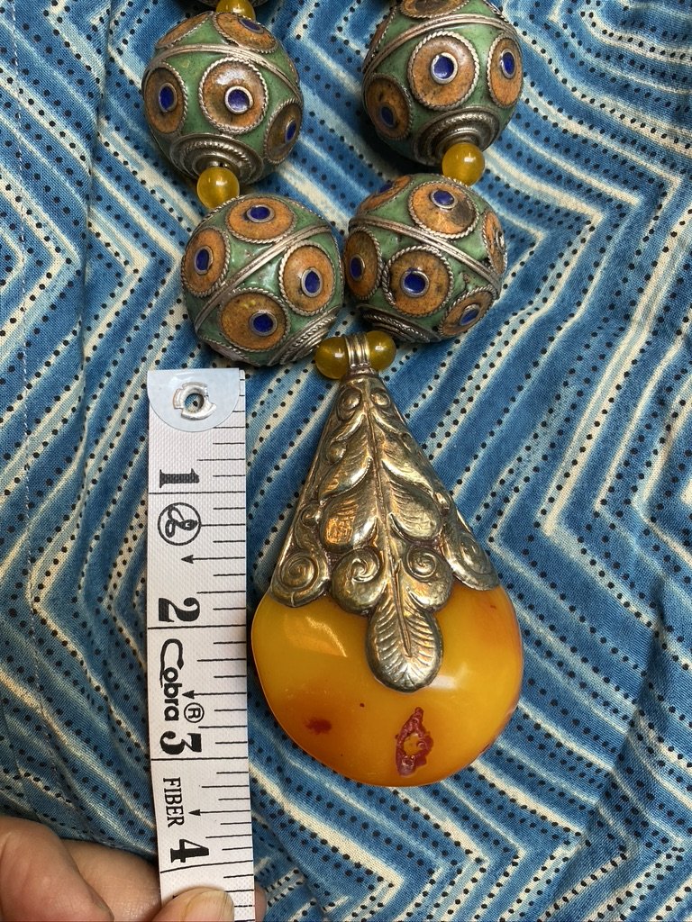 VINTAGE MOROCCAN BEAD AND AMBER RESIN NECKLACE