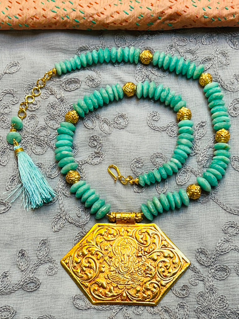 Temple Grandeur Gold plated Ganesh amazonite necklace Andrea Serrahn Serrahna