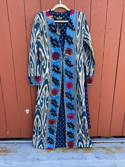 Upcycled Suzani ikat coat long full-length sleeves robe tie Andrea Serrahn Serrahna