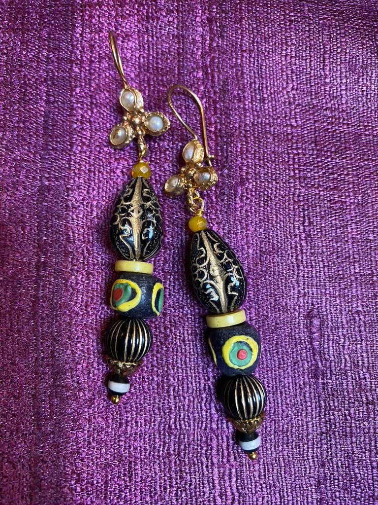 Pearl flower post black and gold resin Nepalese hand rolled ceramic earrings Andrea Serrahn Serrahna