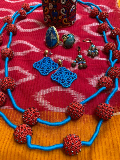 Hand Crocheted Necklace Dangle Chandelier Earrrings Carved Resin Earrings Embroidered Cuff Turquoise Rings Andrea Serrahn Serrahna