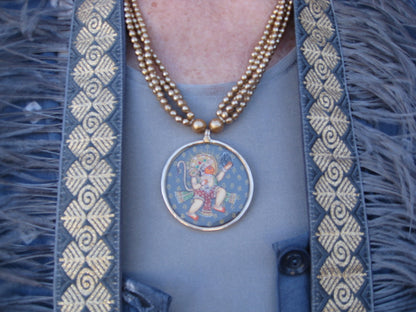 Hanuman hand painted pendant 4 strand faceted pearl necklace 20" long Andrea Serrahn Serrahna