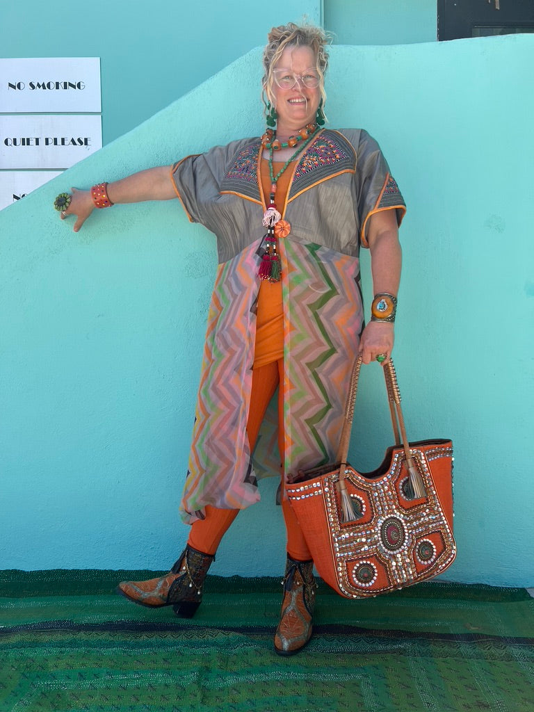 Tribal Katya Coatlet embroidery patches flowing duster dress coverall Andrea Serrahn Serrahna