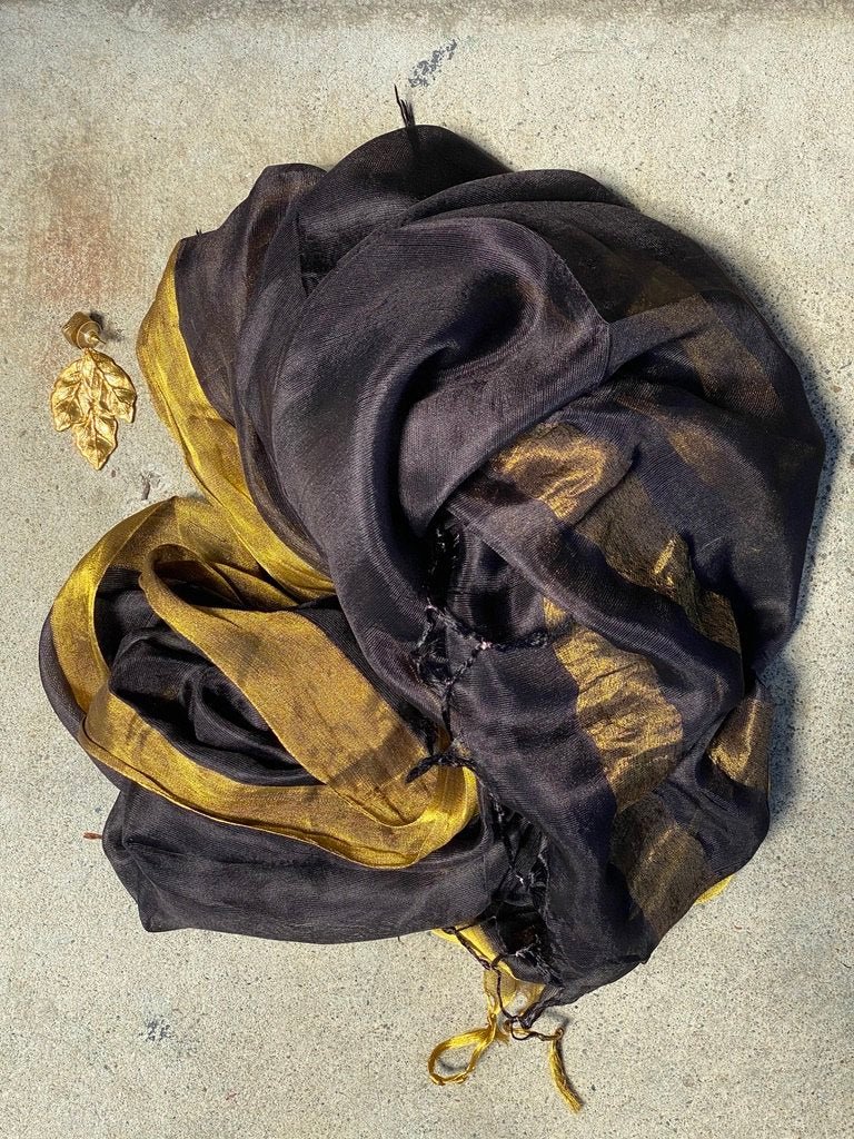 Black bold gold border whisper pure soft silk with metallic border and fringe tied ends Andrea Serrahn Serrahna