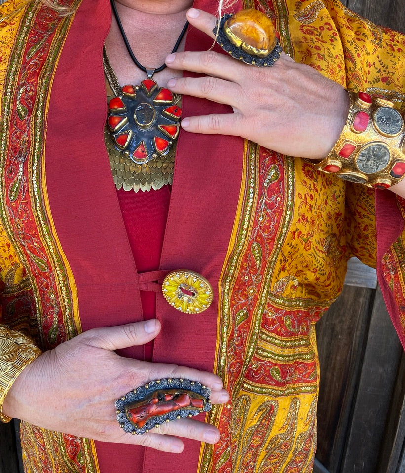 Silk kimono bandhani shawl tribal jewelry Andrea Serrahn Serrahna