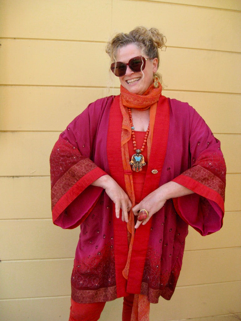 Large kimono one button raw silk red trim ombre raspberry synthetic with and bling embroidery Andrea Serrahn Serrahna
