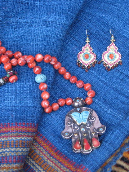 Coral beads with turquoise long strand gemstone studded hamsa Andrea Serrahn Serrahna
