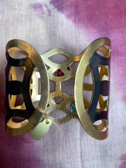 Rainbow tourmaline laser cut brass rhodium plated ooak cuff Andrea Serrahn Serrahna