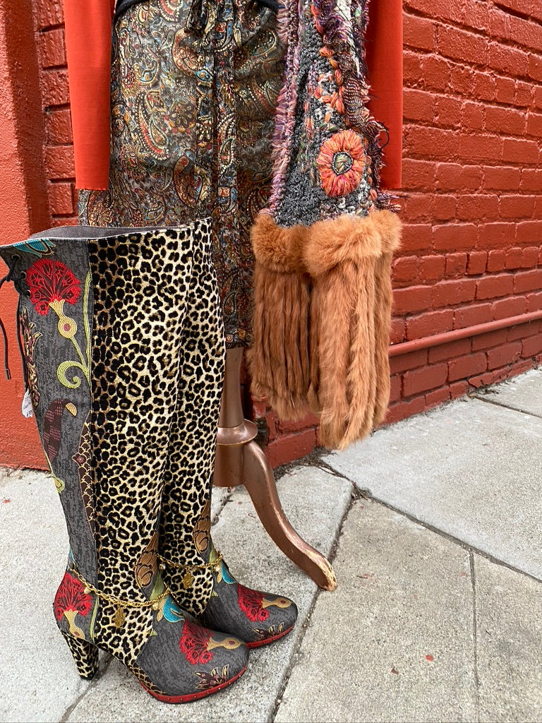 Over the knee leopard textile floral brocade red sole suede cuff boot Andrea Serrahn Serrahna