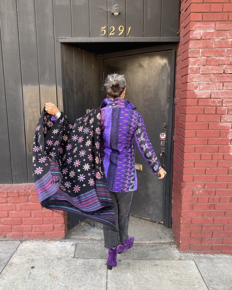 Purple ikat silk zip coat pockets zip close Andrea Serrahn Serrahna