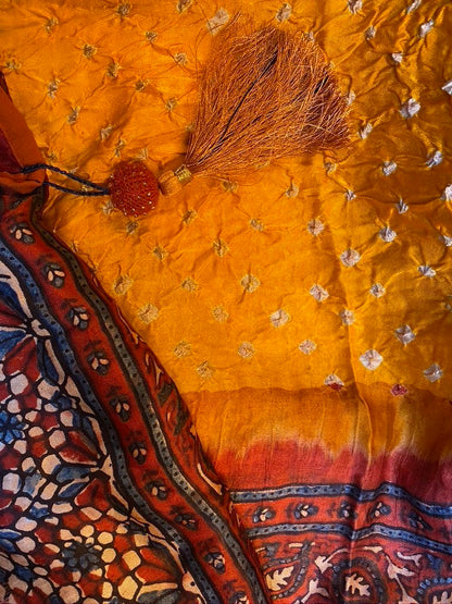Silk bandhani hand block-print ajarakh natural dye hand crochet tassels Andrea Serrahn Serrahna