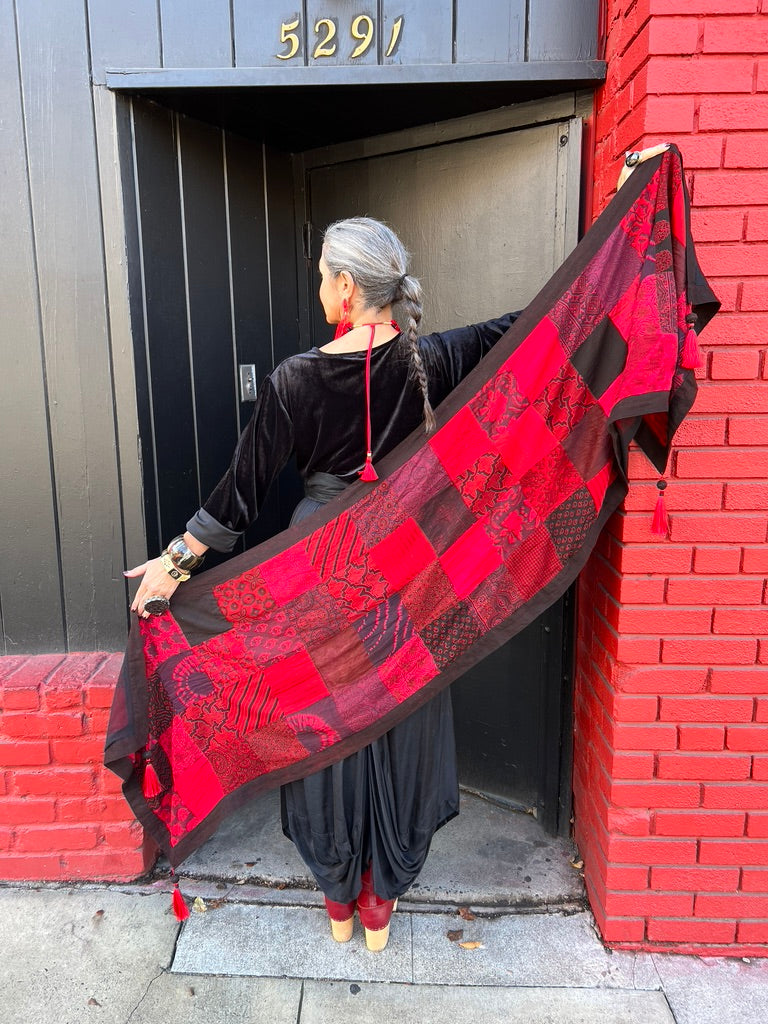 Red black tassles patchwork opera shawl Andrea Serrahn Serrahna