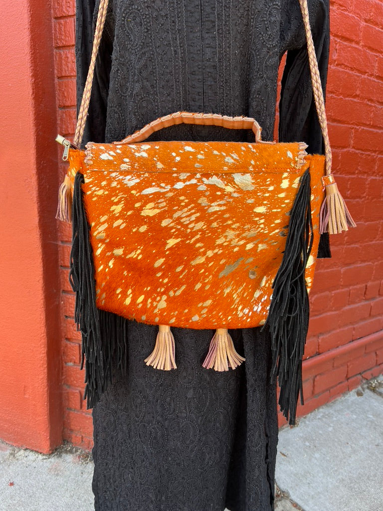 Appaloosa Bag pony hide purse bag leather braided straps mixed metal medallions suede fringe and tassels zip close carry handle briefcase bag Andrea Serrahn Serrahna