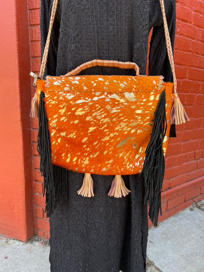 Appaloosa Bag pony hide purse bag leather braided straps mixed metal medallions suede fringe and tassels zip close carry handle briefcase bag Andrea Serrahn Serrahna