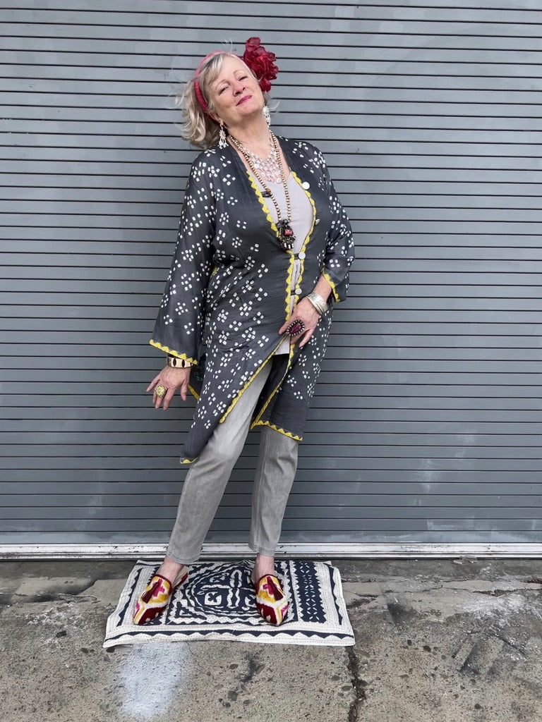 Big Circle Bandhani Coat cotton shibori button front Andrea Serrahn Serrahna