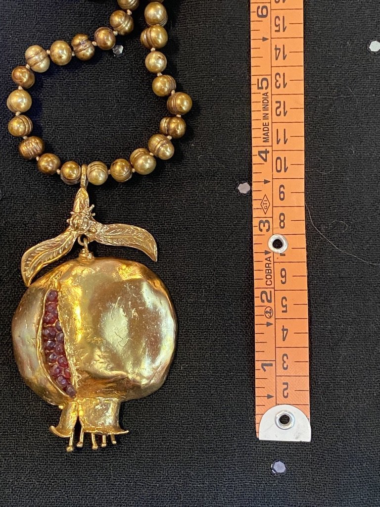 Large gold pomegranate garnet rubies dirty pearl necklace Andrea Serrahn Serrahna