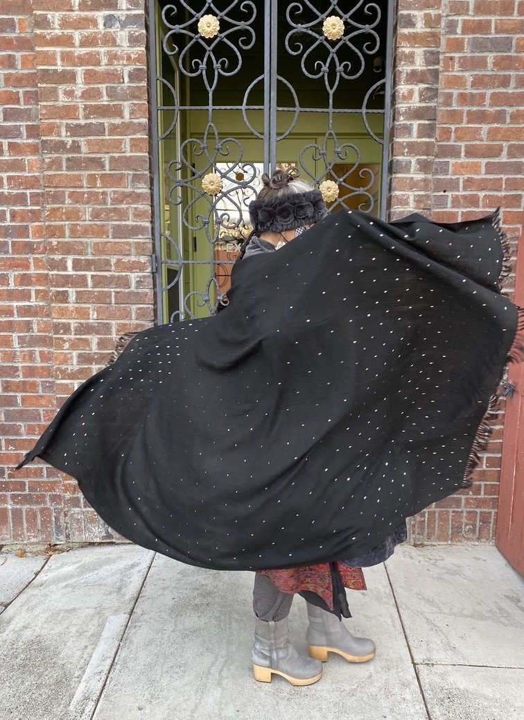 Black king sized merino wool hand embroidered mirrored shawl Andrea Serrahna Serrahna