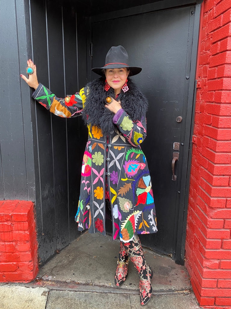 Fleur en noir coat pockets suzani textile a-line coat Andrea Serrahn Serrahna