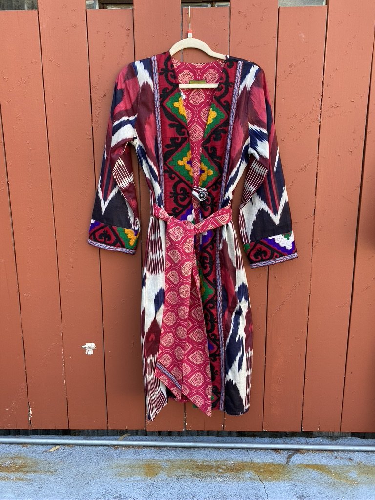 Upcycled Suzani ikat coat long full-length sleeves robe tie Andrea Serrahn Serrahna