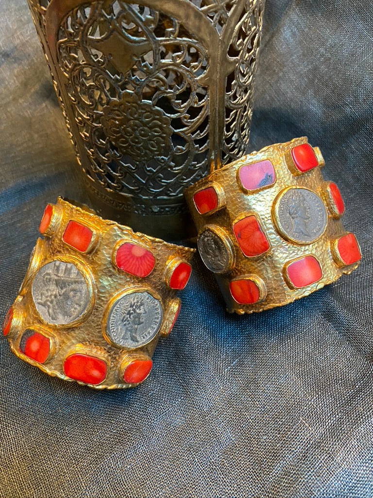 Gold plated coin cuff red coral bracelet Andrea Serrahn Serrahna