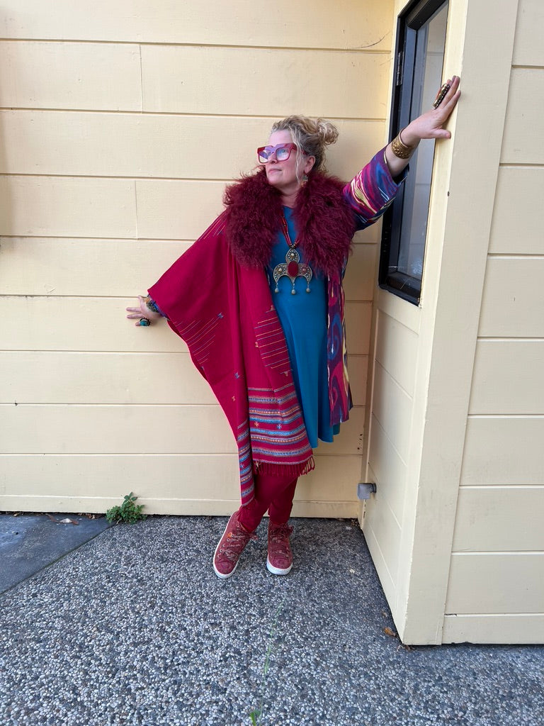 Burgundy ruby red teal turquoise mongolian lamb Ikat jacket Andrea Serrahn Serrahna