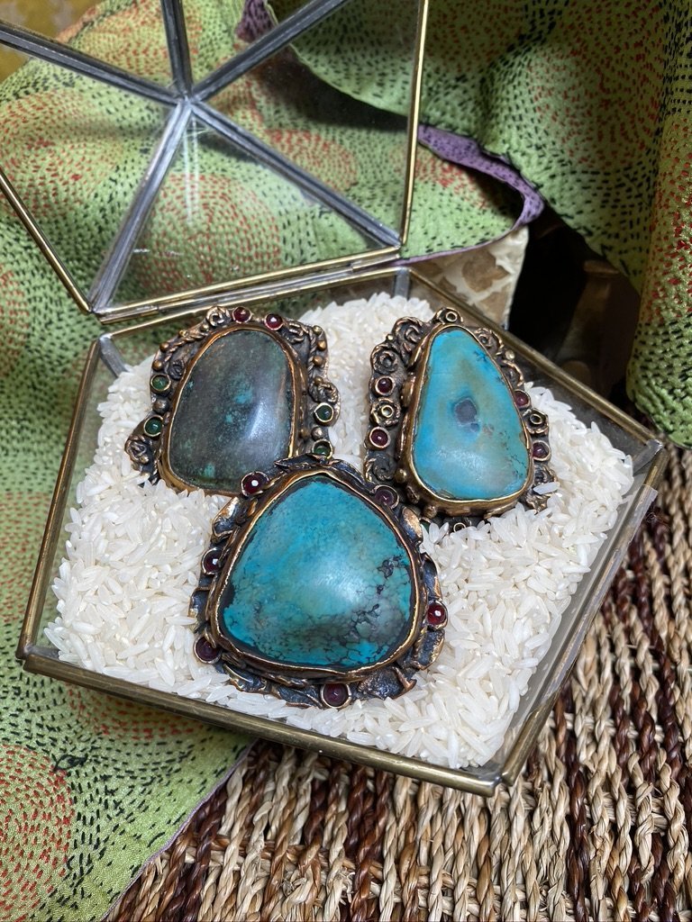 Persian blue turquoise adjustable oversized bronze bezel ornate scroll ring Andrea Serrahn Serrahna